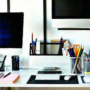 Business Matte Painting: Workplace With Modern Office Supplies On Desk With White Desk