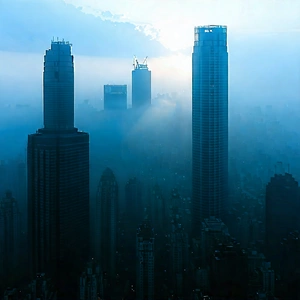 Urban Acrylic Painting: Cityscape Of (modern:1.17) Metropolis During Foggy Morning With City Skyline