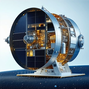 A Large, Round, Silver Structure Is Sitting On A Platform In The Middle Of A Field