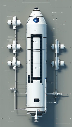 A Large White Spacecraft Is Shown In A Drawing, With A Side View Of The Spacecraft