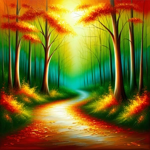 Nature Oil Painting: Path through autumn woodland