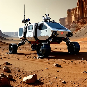 A White And Grey Robotic Vehicle Is Driving Across A Rocky Terrain