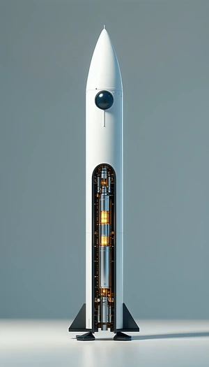 A Large White Rocket Is Shown In A 3d Model, With A Blue Sphere On Top