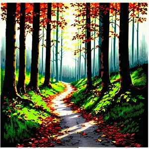 Nature Linocut Print: Path Through Autumn Woodland With Painting Forest