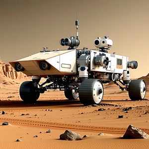 A White And Grey Robot Is Sitting On A Rocky Surface, With A Red Dirt Ground