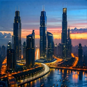 Urban Octane Render: Cityscape Of Modern Metropolis During Sunset With Black White