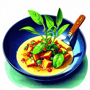 Lifestyle Linocut Print: Plant-based dish prepared with organic components