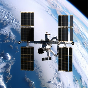 A Space Shuttle With A Large Satellite On Top Of It, Flying Through The Sky