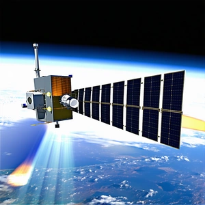 A Spacecraft Is Flying Through The Sky, With A Large Satellite Attached To The Bottom Of It