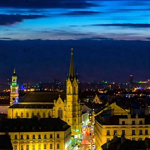 Urban Abstract Design: Cityscape Of Historic City Center During Night With Black White
