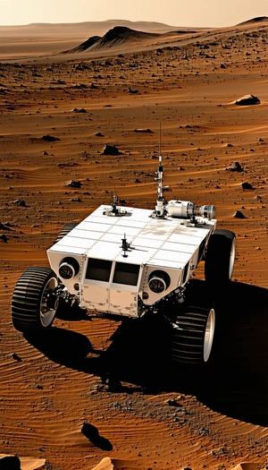 A White Robotic Vehicle, Possibly A Rover, Driving Across A Dirt Field