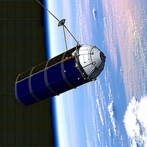 A Blue And White Spacecraft Is Suspended In The Air, With A Large Cable Attached To It