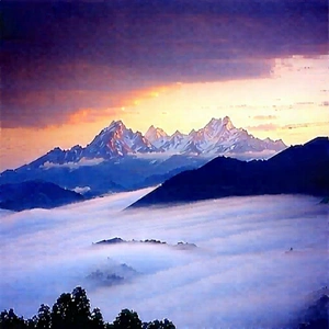 Nature Oil Painting: Mountain Range During Foggy Morning With Mountain Range