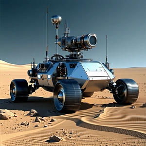 A Futuristic Robotic Vehicle Is Parked In A Desert-like Environment