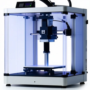 A Large Blue Machine Is Sitting On A White Table