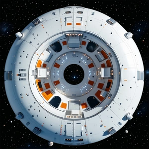 In The Image, There Is A Large White Spacecraft With A Round
