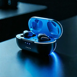 Tech Product Photography: Wireless Earbuds With Holographic Display With Small Blue