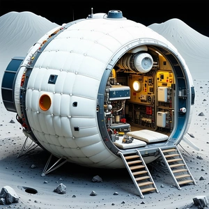 A White, Round Spacecraft With A Hatch Door Open, Revealing A Cozy Interior