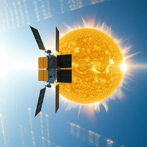 A Spacecraft With A Large Solar Panel On Its Side, Floating In The Sky