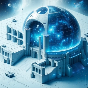In This Image, There Is A Large, Blue, Dome-shaped Structure With A Massive Glass Dome