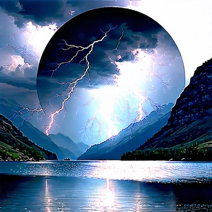 Nature Etching: Lightning Over Alpine Lake With Beautiful Scene