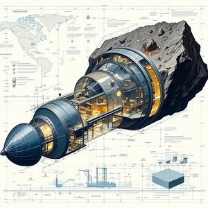 The Image Is A Blueprint Of A Spacecraft, Which Appears To Be A Large, Round, And Metallic Structure