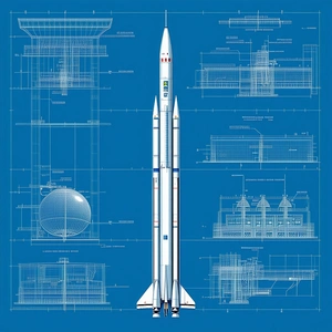 A Space Shuttle Is Shown In A Blue Drawing, With A Large Rocket On The Bottom