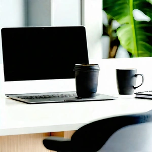 Business 3d Render: Workplace With Laptop And Coffee On Desk With Laptop Computer