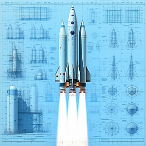 A Space Shuttle Is Shown In A Blue And White Drawing, With Its Booster Rockets Attached