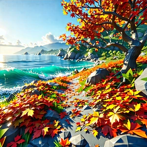 Nature Low Poly: Autumn Leaves In Coastal Environment With Beautifully Drawn