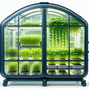 A Large, Blue, Glass-walled Structure Filled With Various Plants