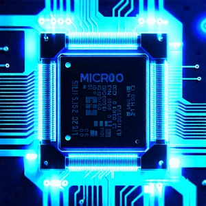 Tech Advertising Photography: Microchip with blue light (glow:1.14)