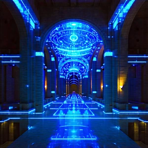 Tech Architectural Photography: Robot With Blue Light Glow With Large, Blue-lit