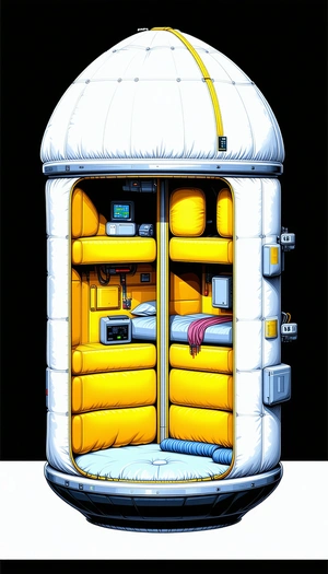 A Cartoon Illustration Of A Space Shuttle Is Shown, With A Bedroom Scene Inside