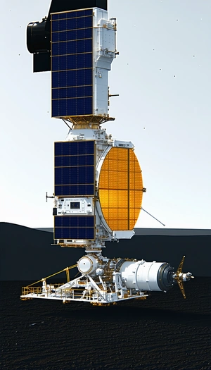 A Large Spacecraft With A Yellow And Blue Color Scheme