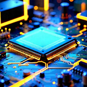 Tech Digital Illustration: Circuit Board With Neon Accents With Close-up Computer