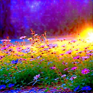 Nature Etching: Wildflowers In Sunlit Clearing With Field Flowers
