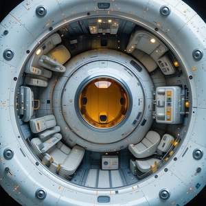 The Image Is A 3d Rendering Of A Space Station, Showcasing The Interior Of The Spacecraft
