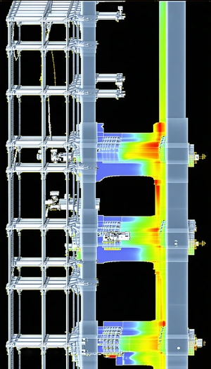 The Image Is A 3d Model Of A Large Pipe With A Blue And Yellow Color Scheme