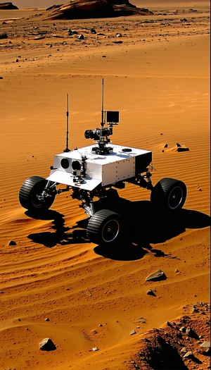 A White Robotic Vehicle, Possibly A Rover, Sitting On A Sandy Surface