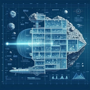 A Futuristic Space Station Is Depicted In A Blue And White Drawing