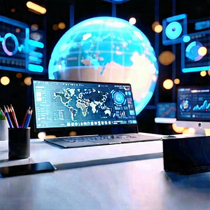 Futuristic Tech Startup Office With Laptop Computer