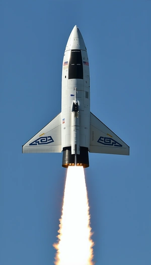 A White And Blue Rocket Is Flying Through The Sky, Leaving A Trail Of Smoke Behind It