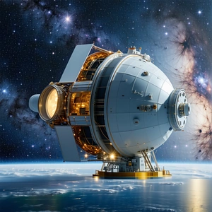 A Large, White Spacecraft Floating In The Sky