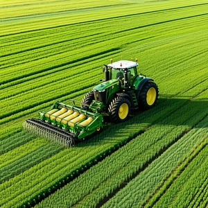 The image features a large green field with a tractor driving throu...