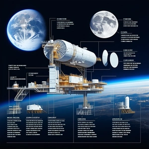 A Large Space Station Is Shown In A Diagram, With Various Parts Labeled