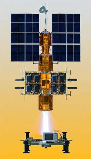 A Spacecraft Is Shown In A Close-up View, With Its Solar Panels And Other Components Clearly Visible