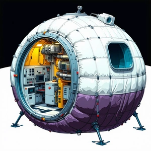 In The Image, There Is A Large, Round, White Spacecraft With A Purple Stripe