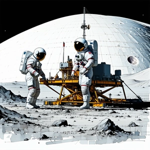 In The Image, There Are Two Astronauts Standing On The Moon, Wearing White Suits