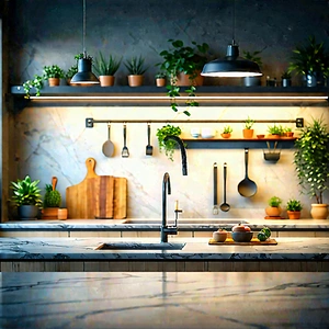 Lifestyle Tilt-shift Photography: (modern:1.17) Kitchen With Warm (lighting:1.12) With Kitchen Sink